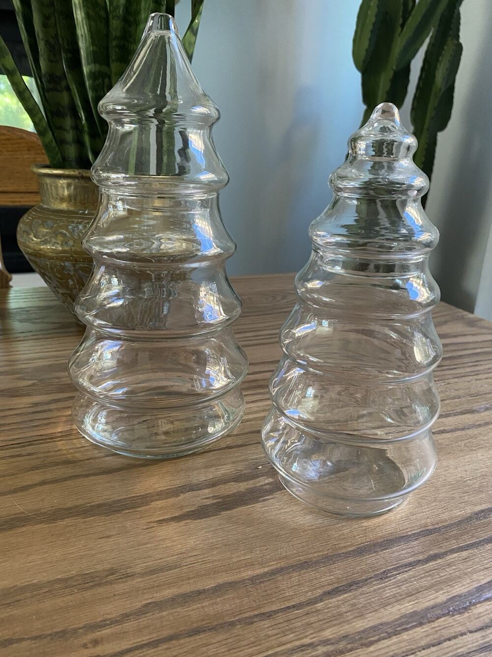 Vintage Glass Christmas Tree Jars Set Of Two Christmas Jars 10” And 8.5” Tall
